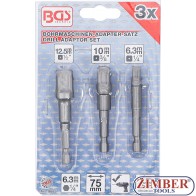 Адаптор за вложки, винтоверт комплект | 6.3 mm (1/4") Drive | 6.3 mm (1/4") / 10 mm (3/8") / 12.5 mm (1/2") | 3 бр.- 9685- BGS technic