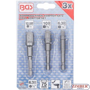Адаптор за вложки, винтоверт комплект | 6.3 mm (1/4") Drive | 6.3 mm (1/4") / 10 mm (3/8") / 12.5 mm (1/2") | 3 бр.- 9685- BGS technic